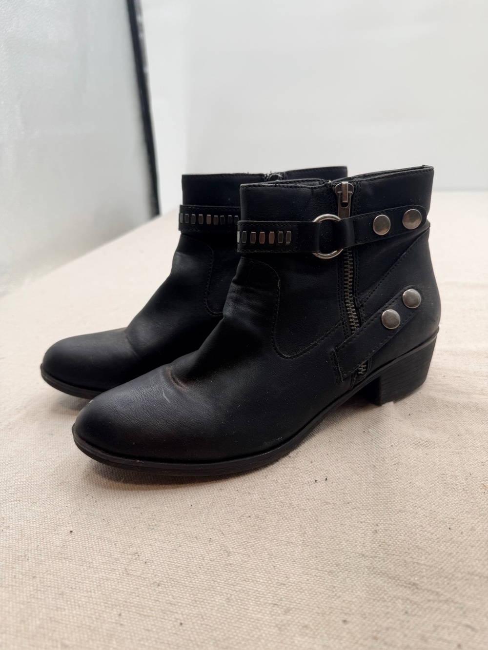 A.n.a Moto Women's Black Leather Ankle Boot with Decorative Strap